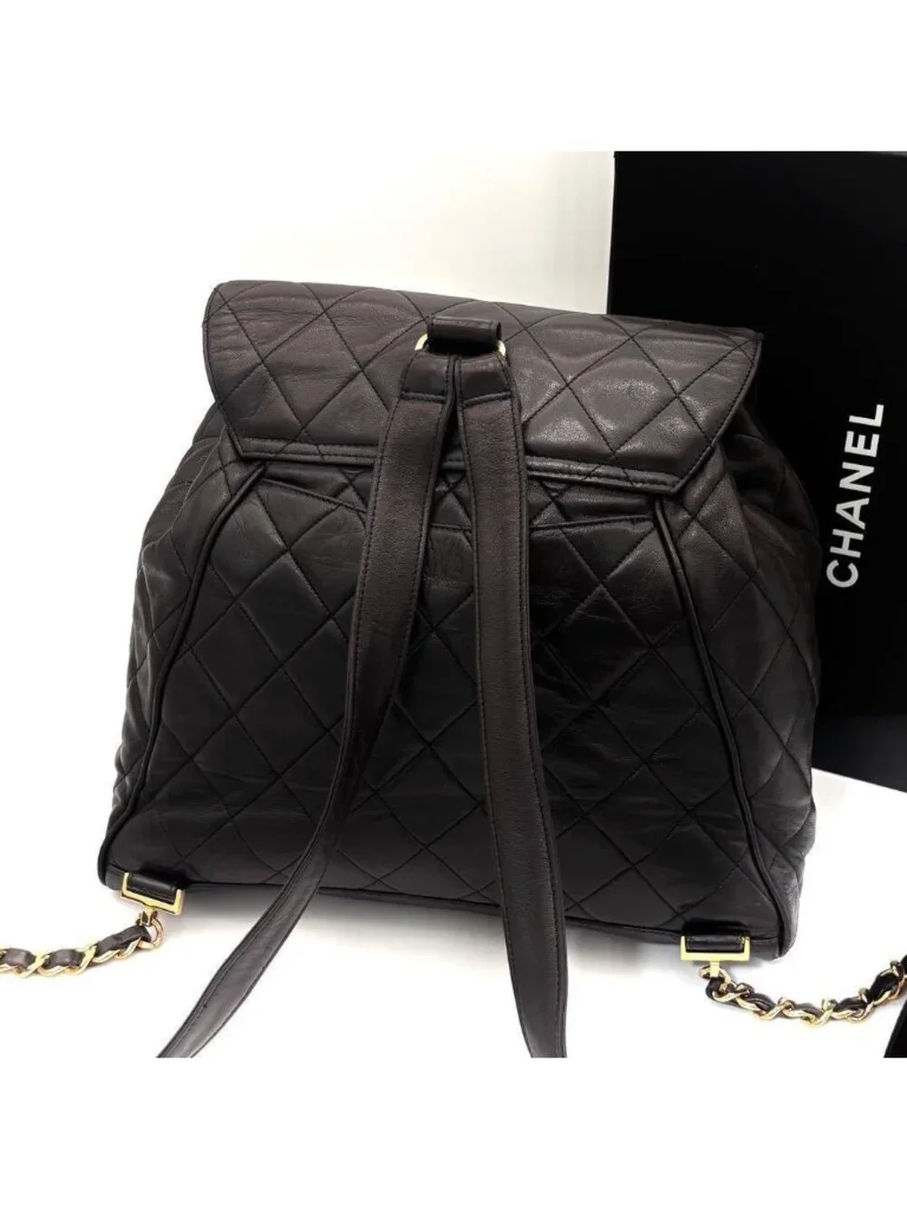 Chanel Quilted Backpack Black Lambskin Brown
